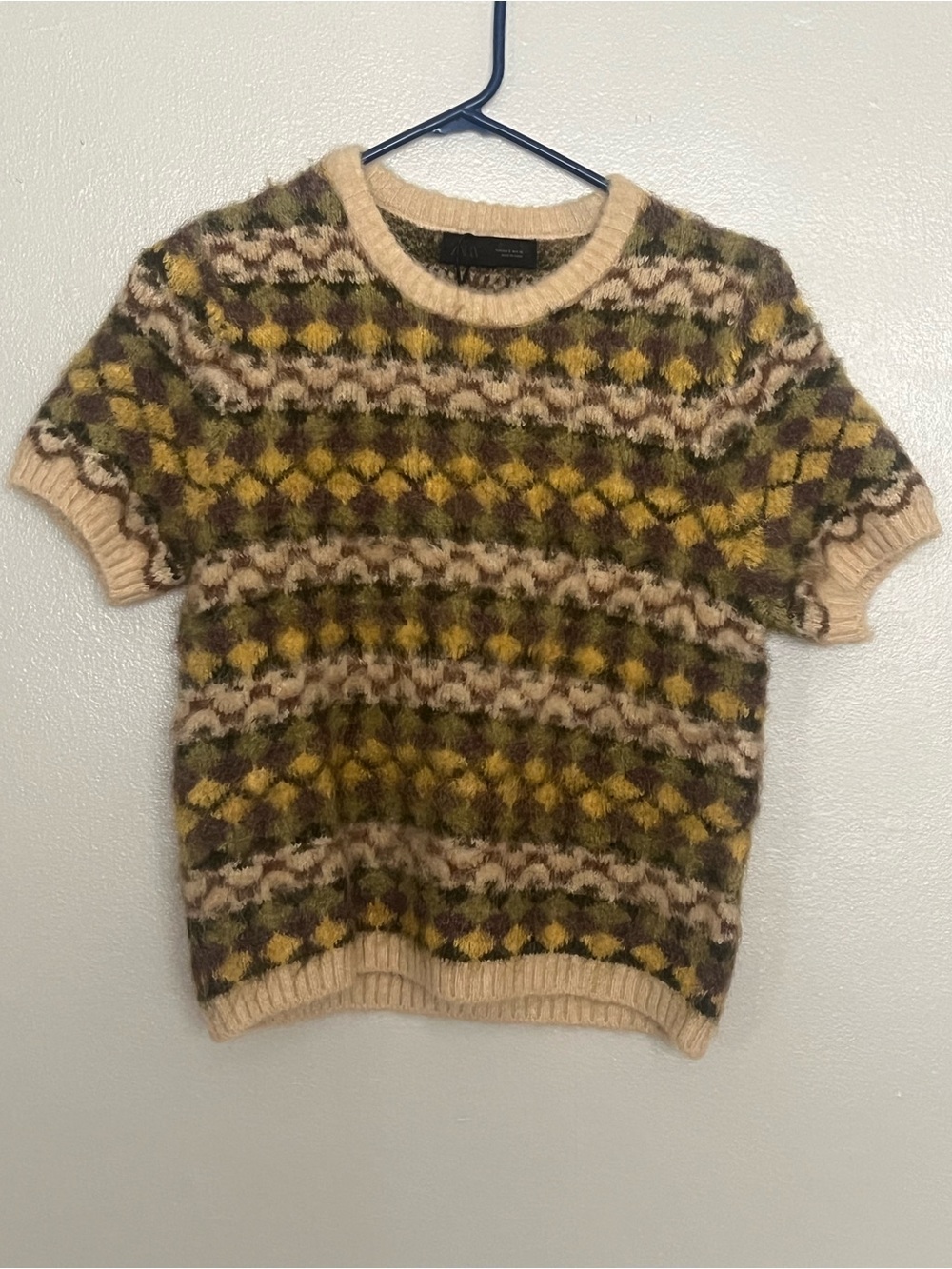 Zara Short-Sleeve Knit Sweater Geometric Fair Isle Pattern NWT Small